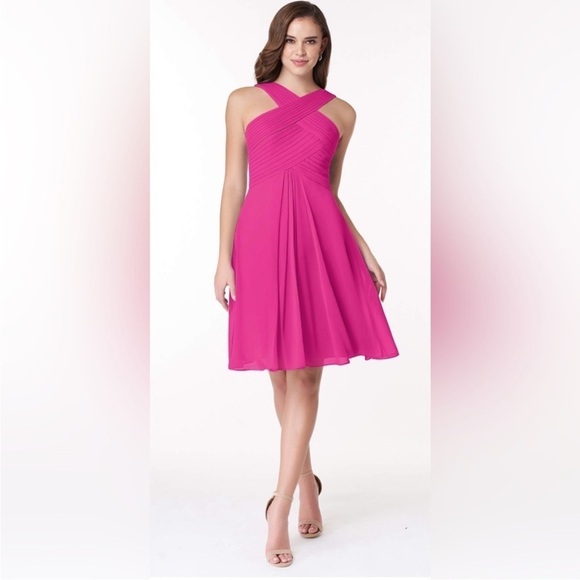 AZAZIE AMANI A-Line Pleated Chiffon Knee-Length Dress Fuchsia Size 10 - Picture 1 of 10